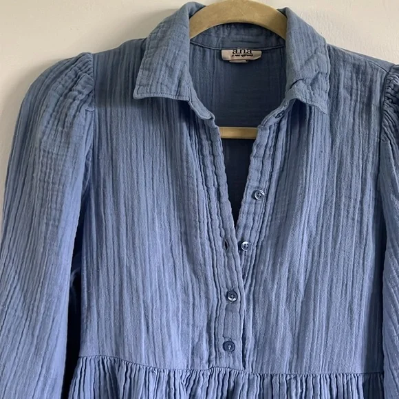 Blue cotton shirt dress / mini dress with collar and 3/4 length sleeves - Picture 2 of 7